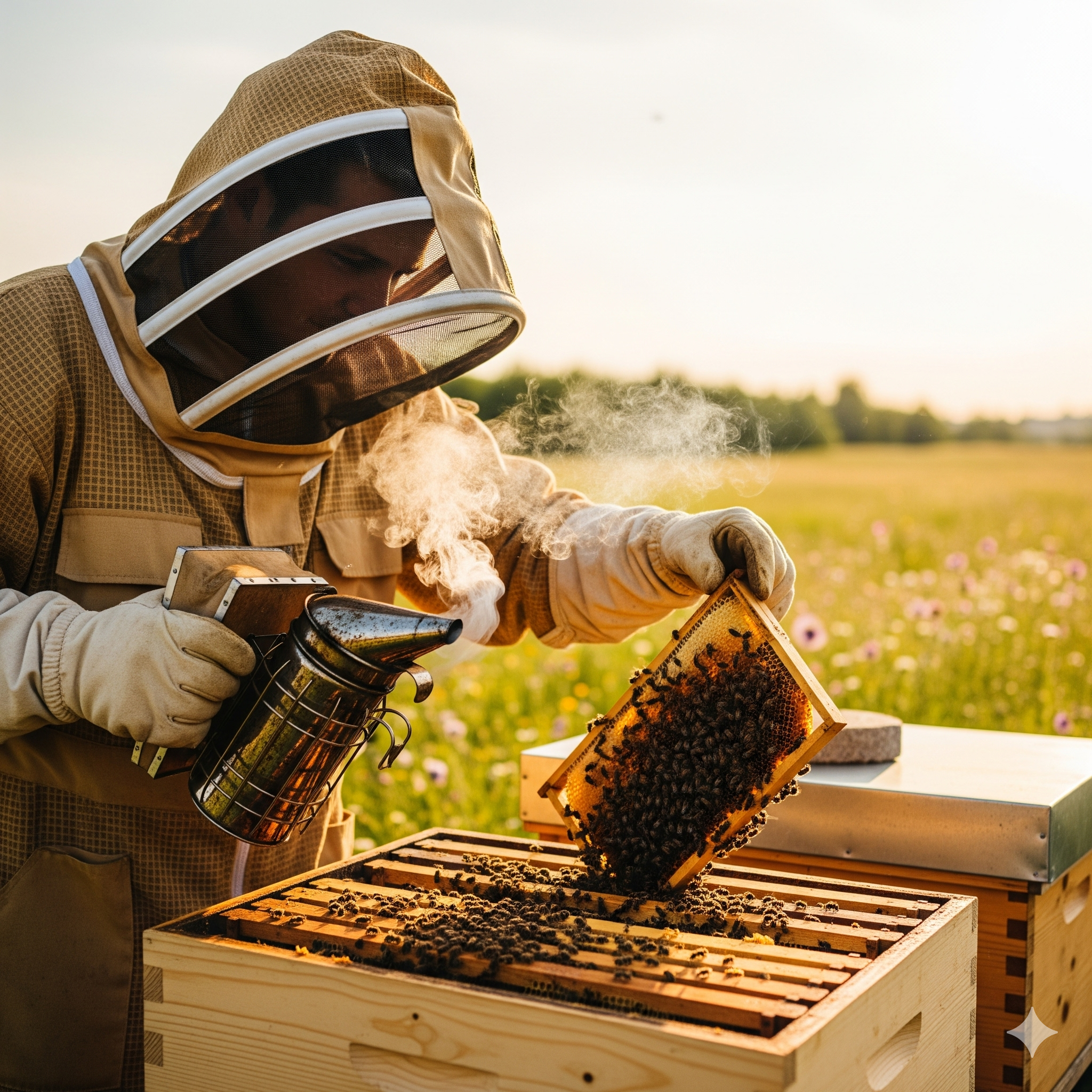 Ein Imker erklärt Kursteilnehmern die Bienenhaltung